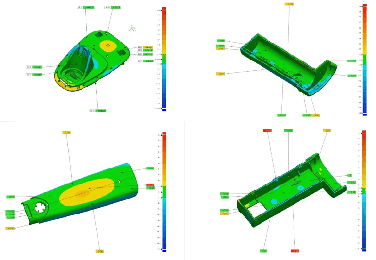 3D inspection results for various parts.