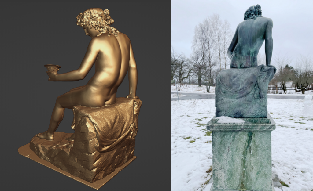 3D scanned result vs. the real-life version of one of the sculptures