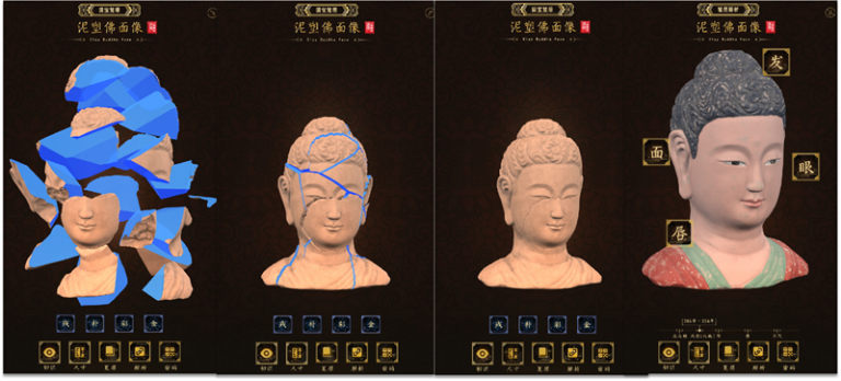 A virtual restoration display of a clay Buddha face