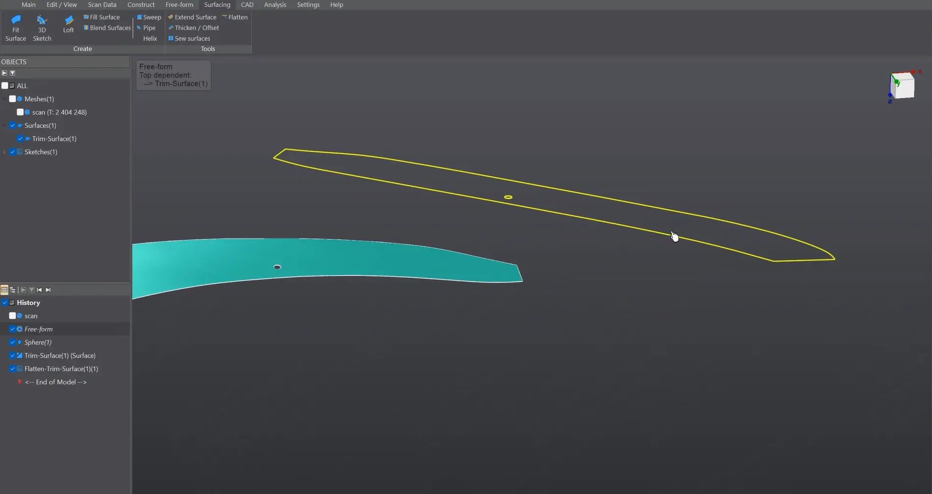 Flatten the reverse engineered hull data with the Flatten tool