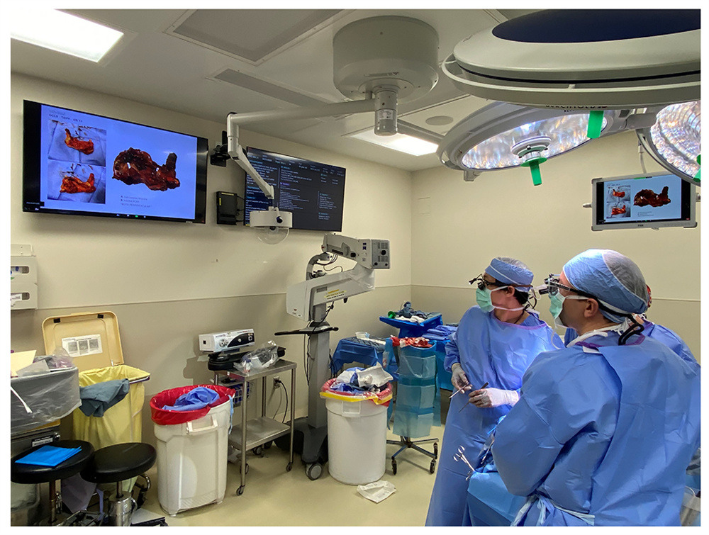 The 3D CAD workspace is displayed on overhead monitors for surgeons to view while the pathologist reports the frozen section diagnosis at each site